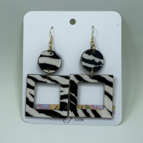 Hand Crafted Jewelry - Hand Crafted Black and White Square Zebra Animal Print Statement Earrings
